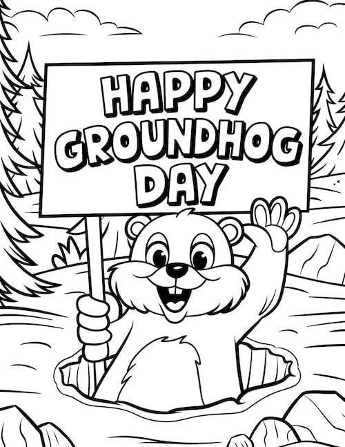 waving groundhog holding a 'Happy Groundhog Day' sign while emerging from its burrow.