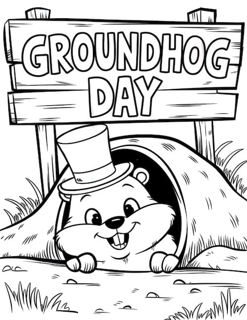 groundhog wearing a top hat and peeking out of its burrow.