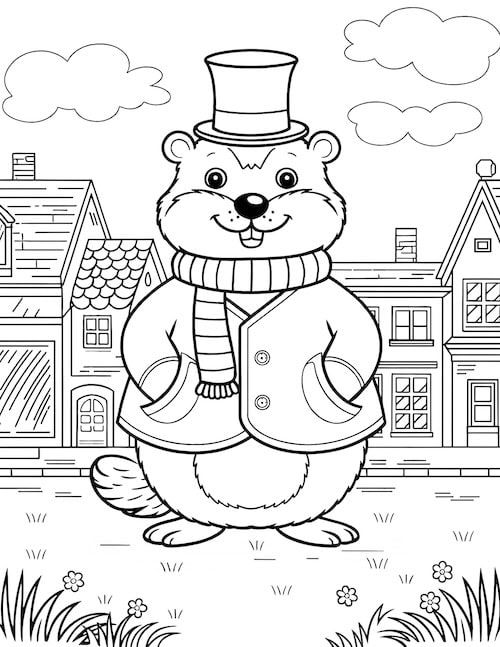 groundhog dressed in a scarf and jacket standing in front of a village with houses and clouds in the background.