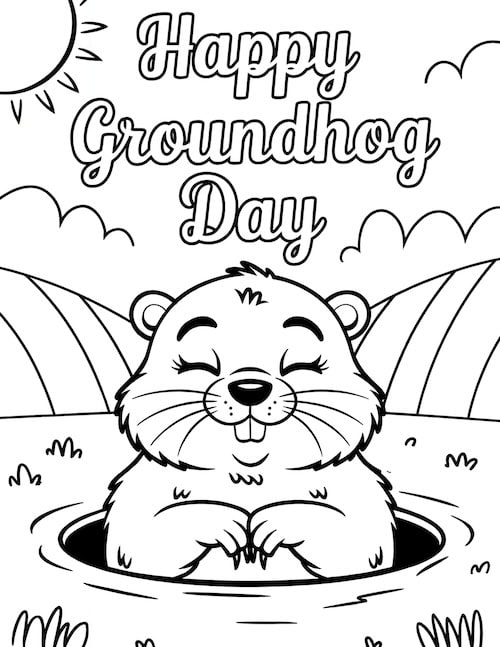 serene groundhog emerging from its burrow with closed eyes, surrounded by rolling hills and sunshine.