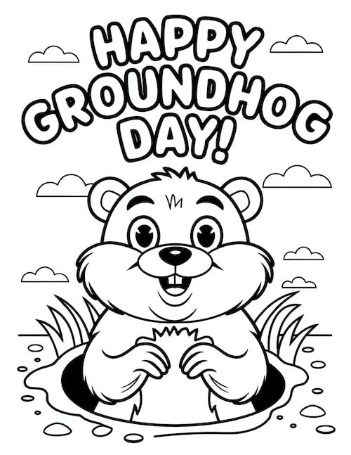 coloring page of a groundhog happily emerging from its burrow with fluffy clouds in the background.