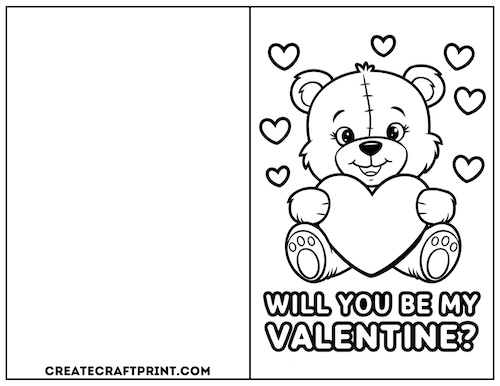 teddy bear holding a heart and the text "Will You Be My Valentine?"