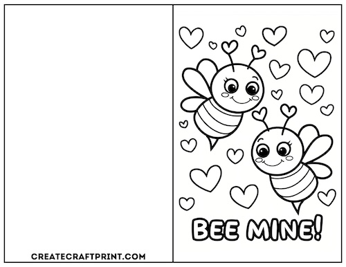 Coloring Valentine card with two smiling bees and the words "Bee Mine."