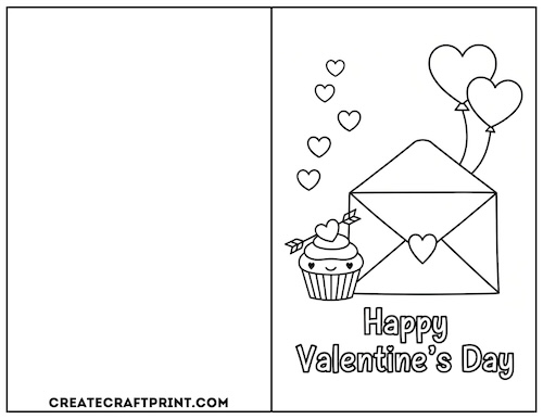 Valentine's day card with an envelope, floating hearts, a cupcake, and "Happy Valentine’s Day."