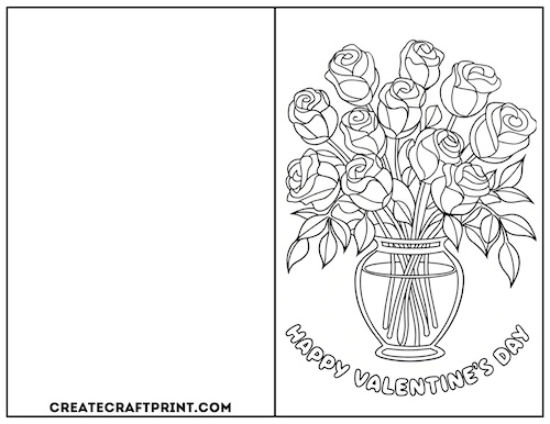 Coloring Valentine's day card with a bouquet of roses in a vase and the text "Happy Valentine’s Day.