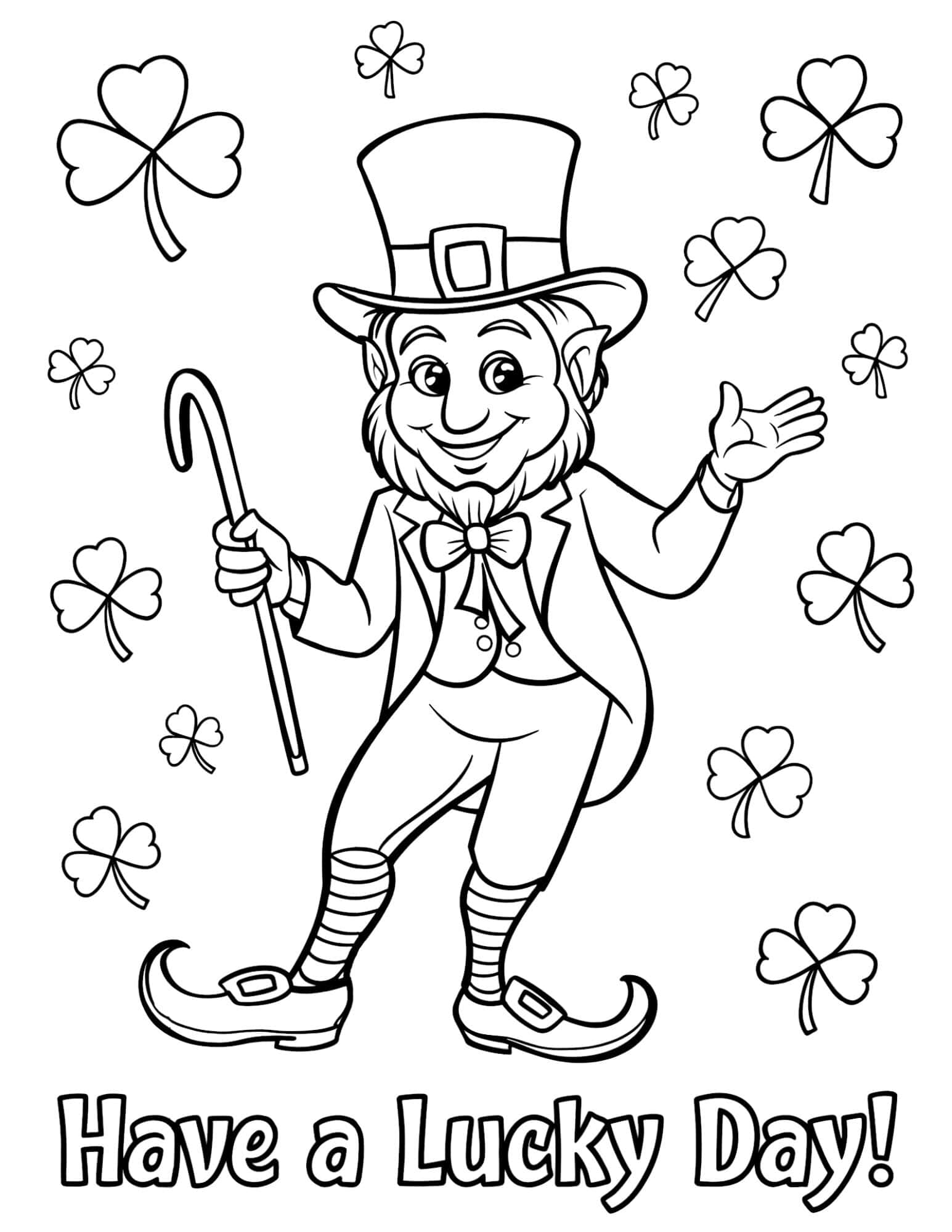 A cheerful leprechaun coloring page, surrounded by shamrocks with the text "Have a Lucky Day!" below.