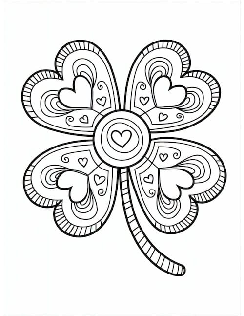 decorative shamrock coloring page with intricate heart and swirl patterns inside.