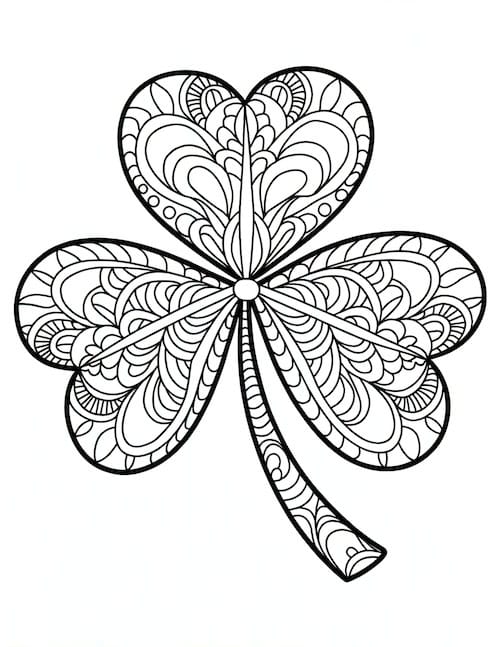 doodle-style shamrock coloring page featuring swirls and patterns.