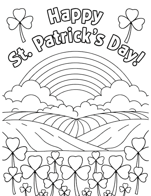 St. Patrick's Day coloring page with a rainbow, shamrocks, and the text "Happy St. Patrick's Day" at the top.