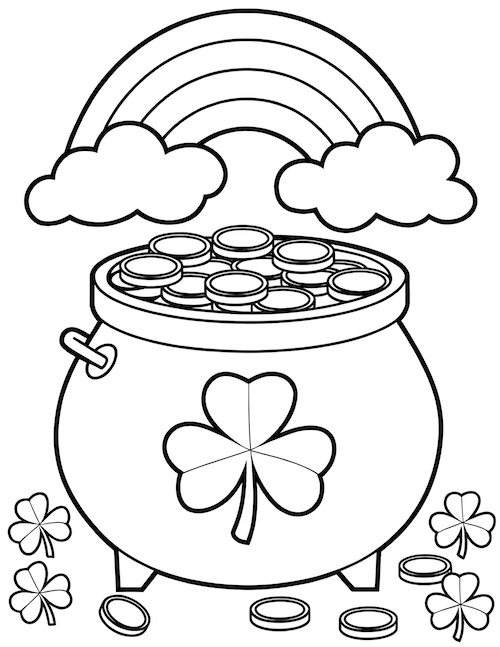 A pot of gold filled with coins at the end of a rainbow, surrounded by shamrocks.