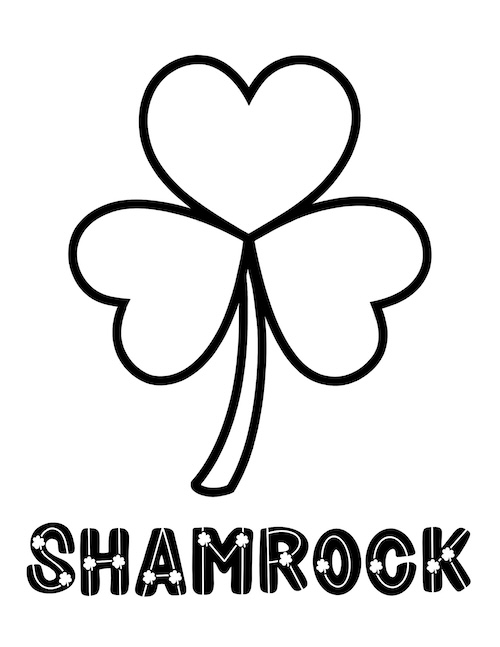 A simple shamrock outline coloring page with the word "SHAMROCK" in bold decorative text underneath.