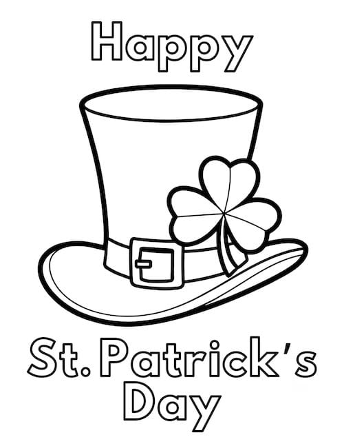 A festive coloring page featuring a leprechaun's hat with a shamrock and a gold buckle.