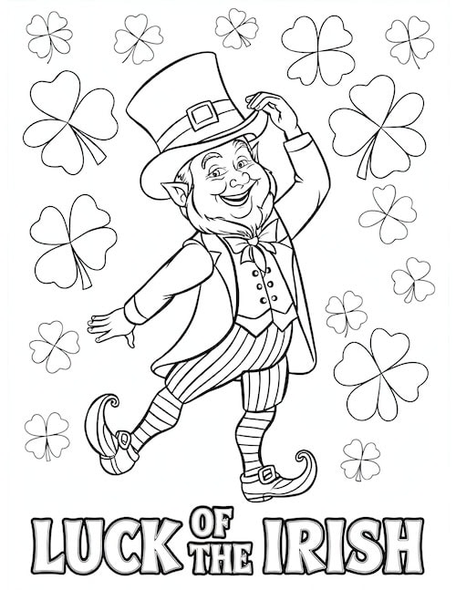  A dancing leprechaun coloring page surrounded by shamrocks with the text "Luck of the Irish" below.