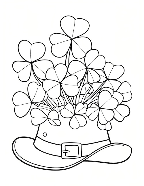 Coloring page of a pot of gold with a shamrock emblem and the words "Happy St. Patrick's Day" above.