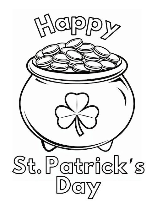 A pot of gold with a shamrock emblem and the words "Happy St. Patrick's Day" above.