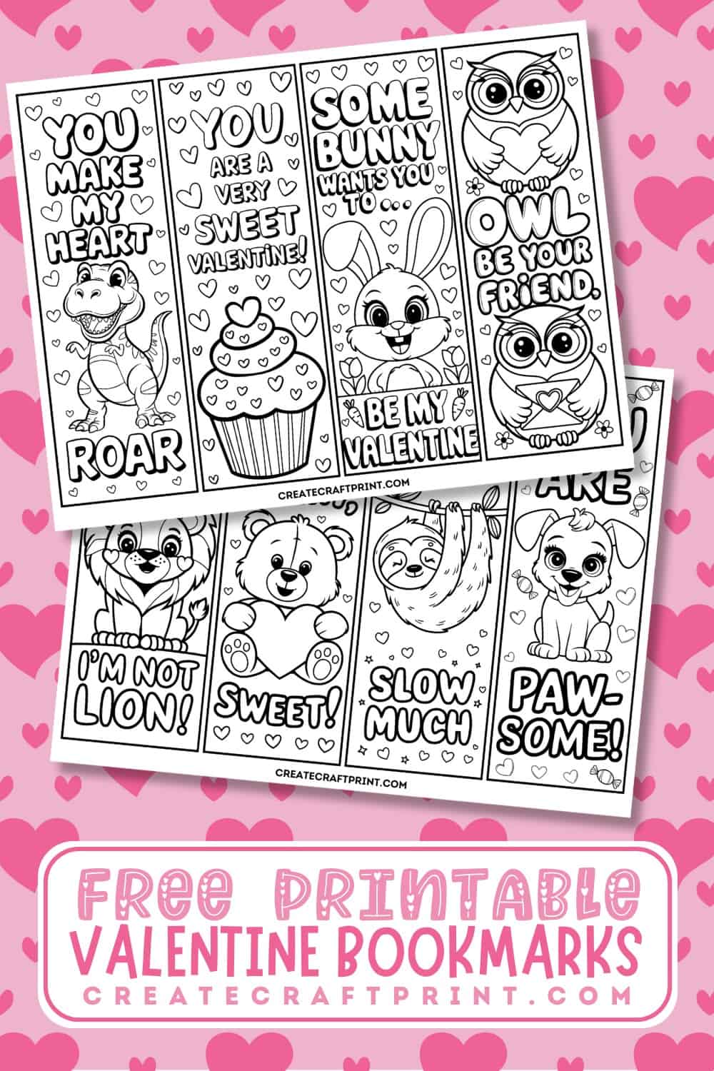 free coloring bookmarks featuring cute designs set on a pink heart background.