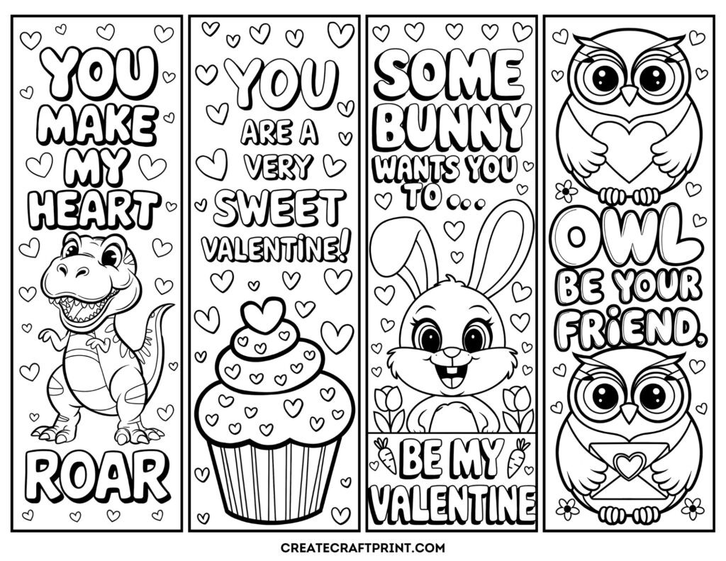 A close-up of four black and white Valentine's Day coloring bookmarks featuring adorable designs of a dinosaur, a cupcake, a bunny, and an owl, each with heart-themed Valentine messages.