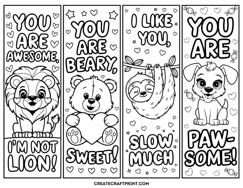 A close-up of four black and white Valentine's Day coloring bookmarks with designs of a lion, a teddy bear, a sloth, and a puppy, each accompanied by playful Valentine puns and heart details.