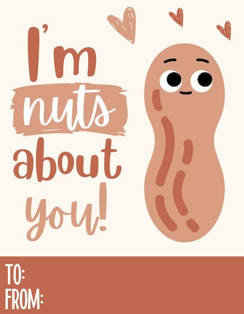 Illustration of a peanut with a smiling face and text reading 'I’m nuts about you!' on a beige background.