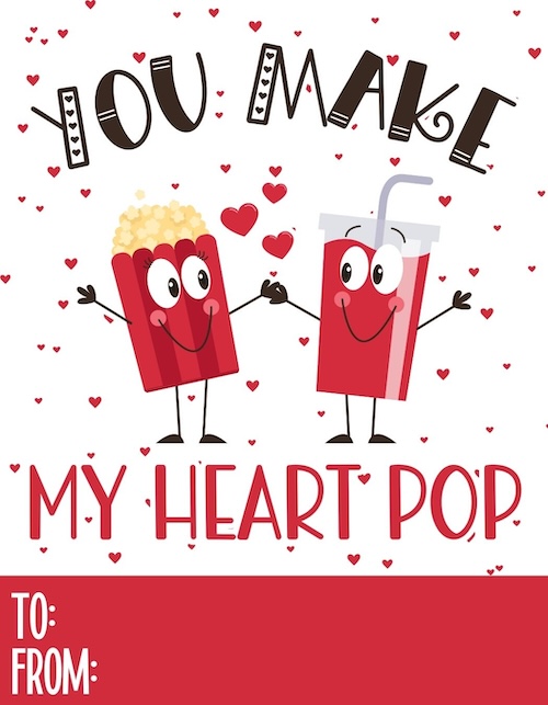 Smiling popcorn bucket and soda holding hands with text reading 'You make my heart pop' surrounded by small red hearts on a white background.