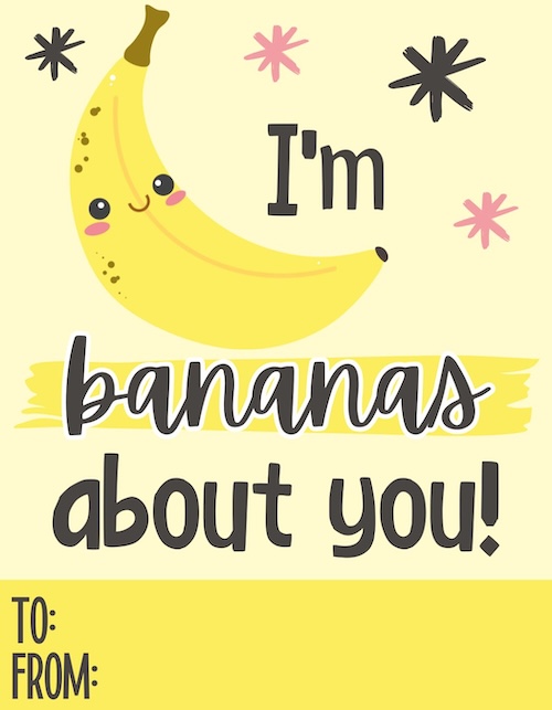 Yellow banana with a happy face surrounded by colorful stars and text reading 'I’m bananas about you!' on a yellow background.