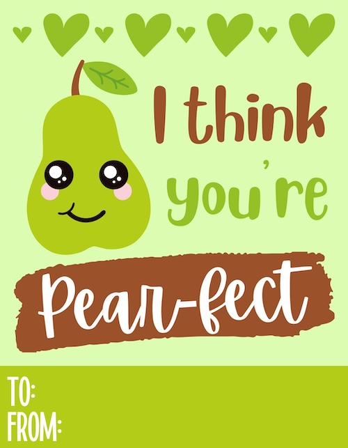 Cute green pear with a smiling face and text reading 'I think you’re pear-fect' surrounded by green hearts on a light green background.