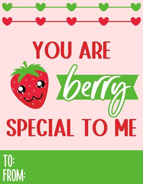 Food pun valentines card with a smiling red strawberry with text reading 'You are berry special to me' surrounded by hearts on a pink background.