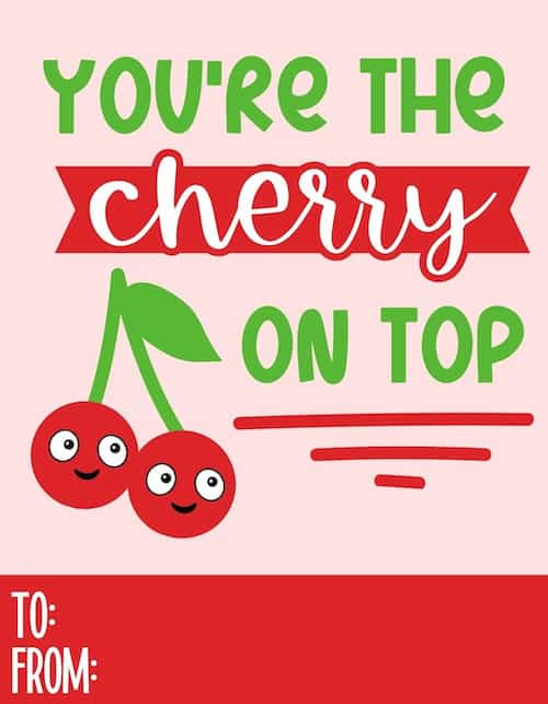 Two smiling cherries with text reading 'You’re the cherry on top' on a pink background with red and green hearts.