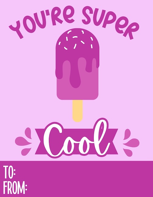 Food pun valentines card with a purple popsicle with sprinkles and text reading 'You’re super cool' on a light purple background.