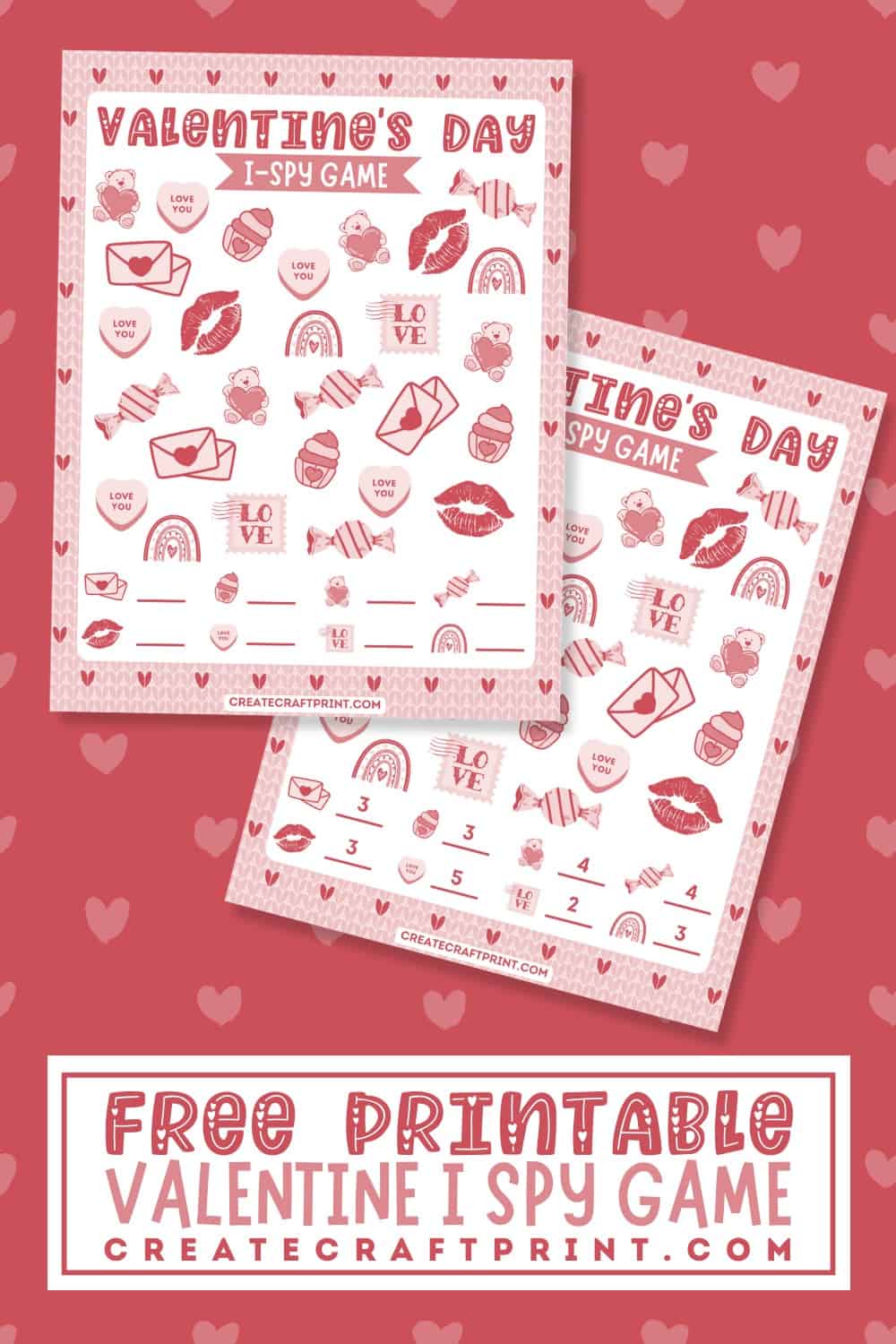 Printable Valentine's Day I Spy game with colorful icons including teddy bears, kisses, rainbows, and candies, accompanied by answer spaces for kids to fill in.