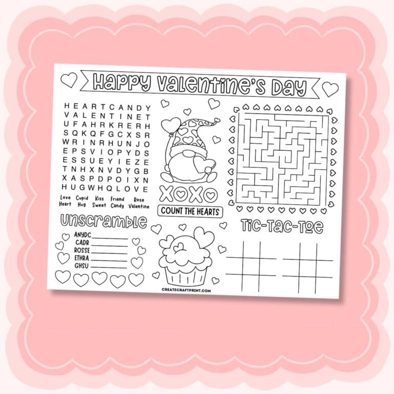 Free Printable Valentine’s Day Activity Placemat for Kids