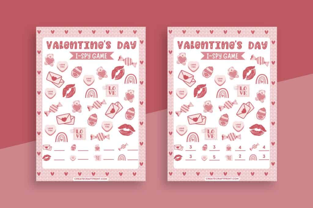 Two Valentine's Day I Spy game sheets showcasing festive pink designs, ideal for kids' holiday activities and classroom fun.