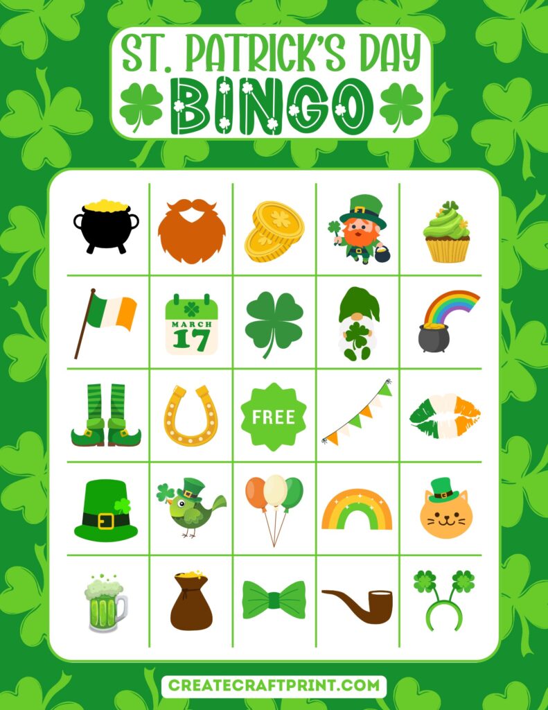 A colorful St. Patrick’s Day Bingo card featuring a festive 5x5 grid with lucky Irish-themed icons. The background is bright green with a clover pattern.