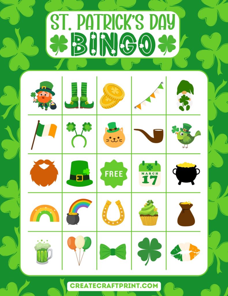  vibrant St. Patrick’s Day Bingo card with a 5x5 grid of fun Irish-themed images. The card has a festive green background decorated with shamrocks.