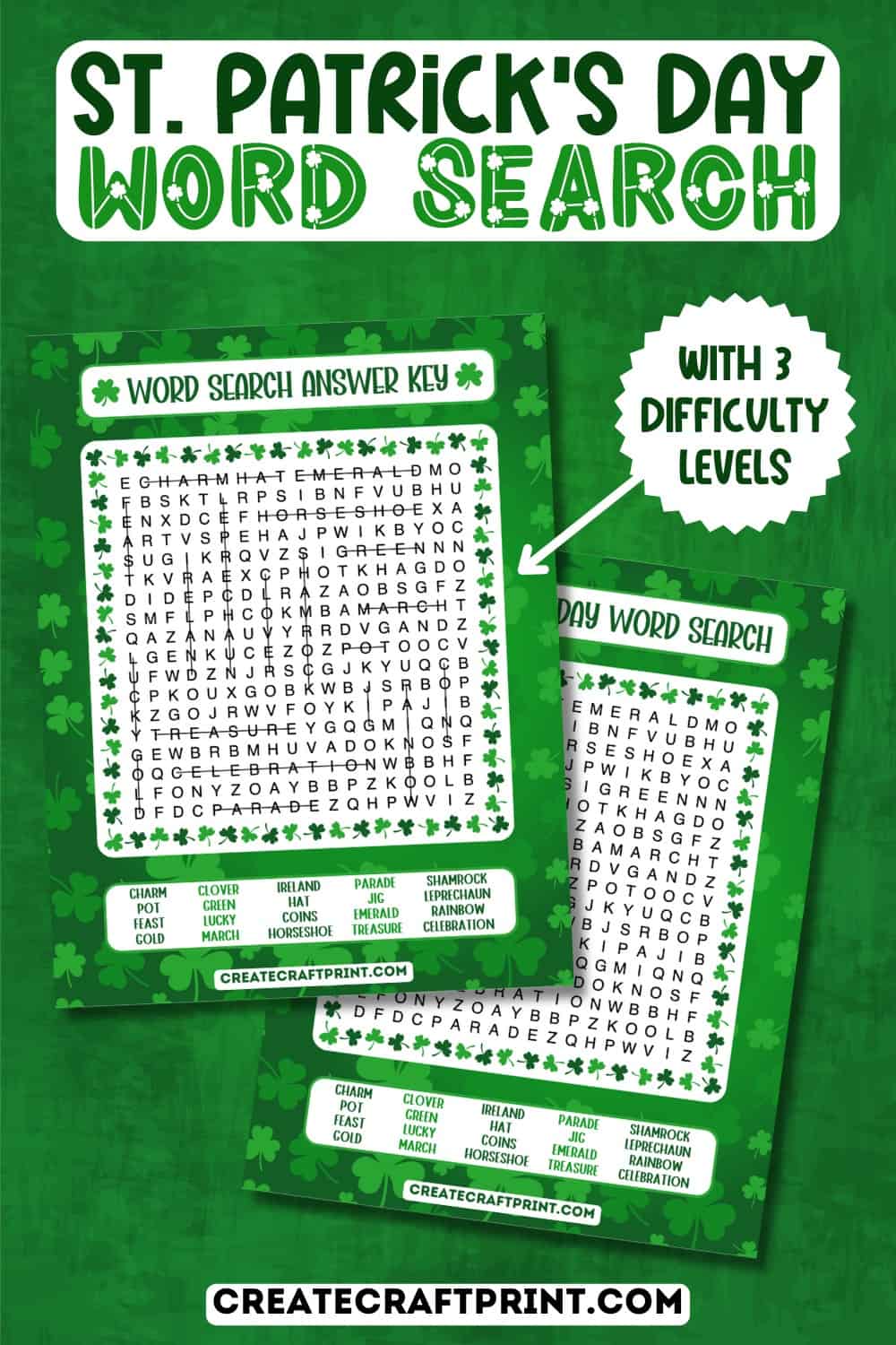 St. Patrick's Day word search printables with vibrant green shamrock designs and an answer key for easy reference.