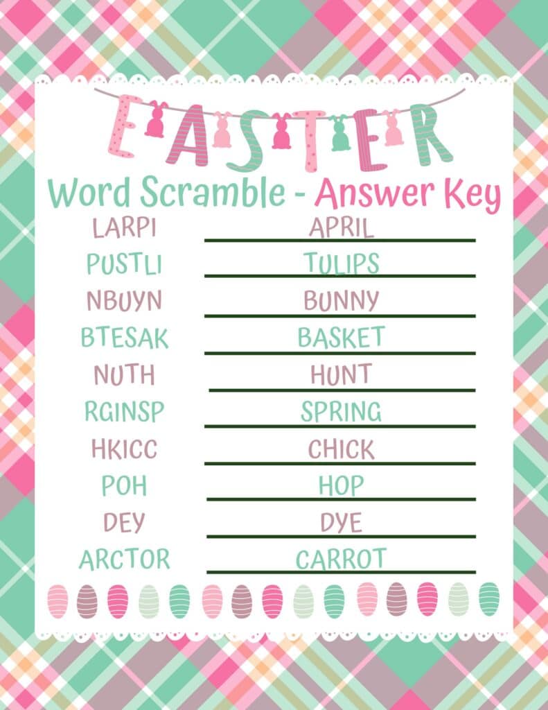 An answer key for the printable game.