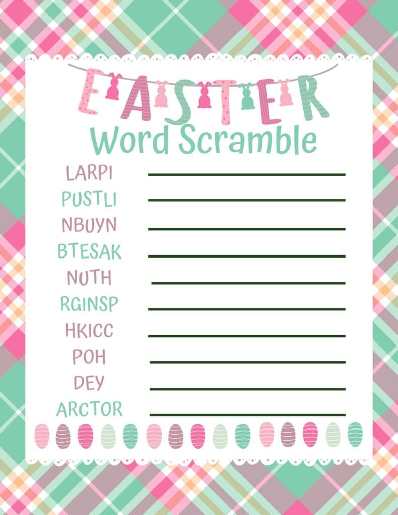  printable Easter word scramble game with a pastel plaid background. The title 'Easter Word Scramble' is decorated with bunny silhouettes. The scramble list includes ten jumbled words with blank spaces next to them for answers. The bottom is adorned with colorful Easter egg illustrations.