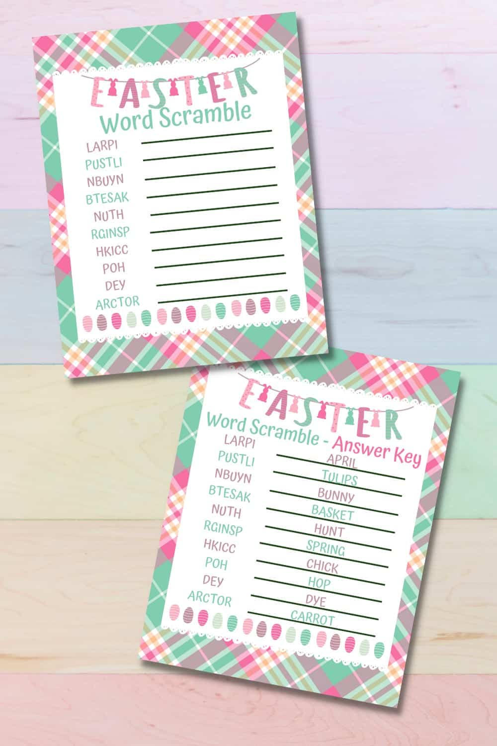 Two printable word scramble sheets displayed on a pastel wooden background. 