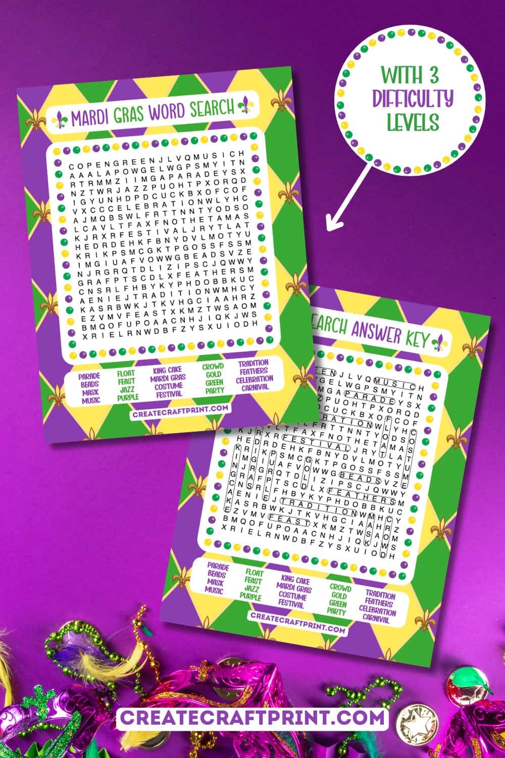 word search and answer key on a purple background with beads, coins and feathers.