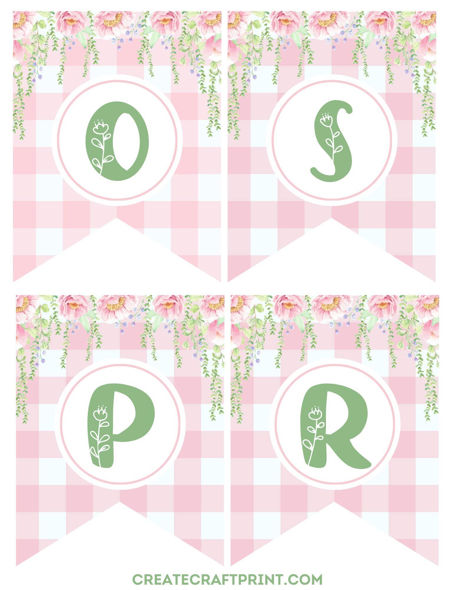 free banner displaying the letters O, S, P, and R in an elegant green font with floral accents. The background features a pink gingham pattern, while the top is adorned with cascading flowers and vines.