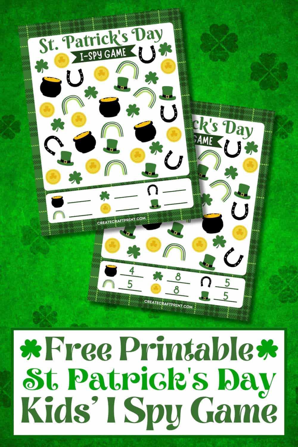 Free printable St. Patrick’s Day I Spy game for kids, showing a fun and educational activity sheet on a green shamrock background.