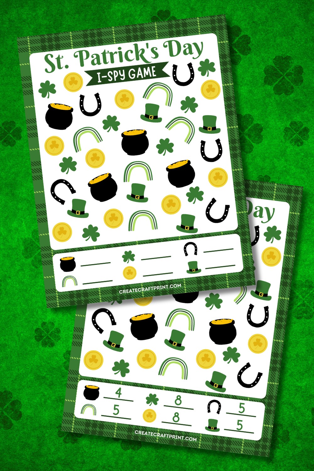 printable game sheet with an answer key on a green shamrock background.