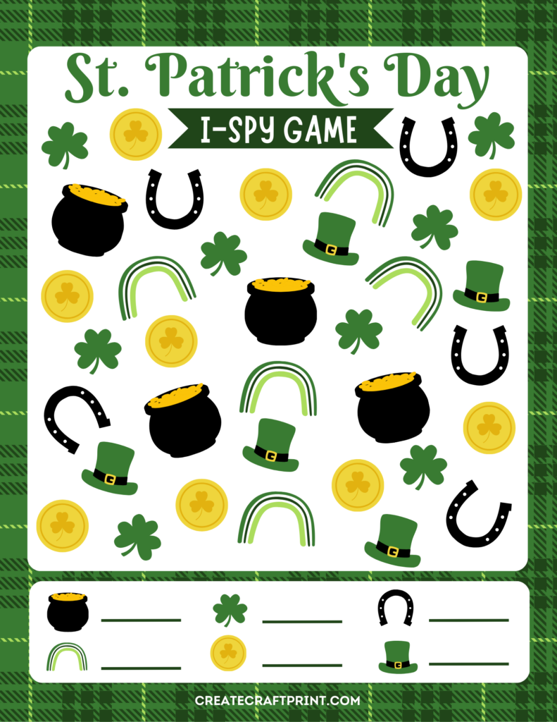 Free printable St. Patrick’s Day I Spy game for kids featuring festive icons like shamrocks, pots of gold, leprechaun hats, rainbows, and horseshoes.