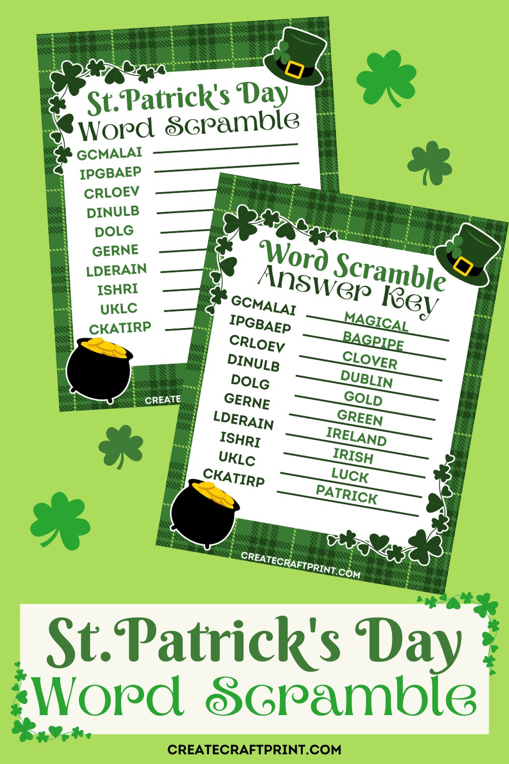 A St. Patrick's Day word scramble printable and its matching answer key are displayed together on a bright green background, surrounded by shamrocks.