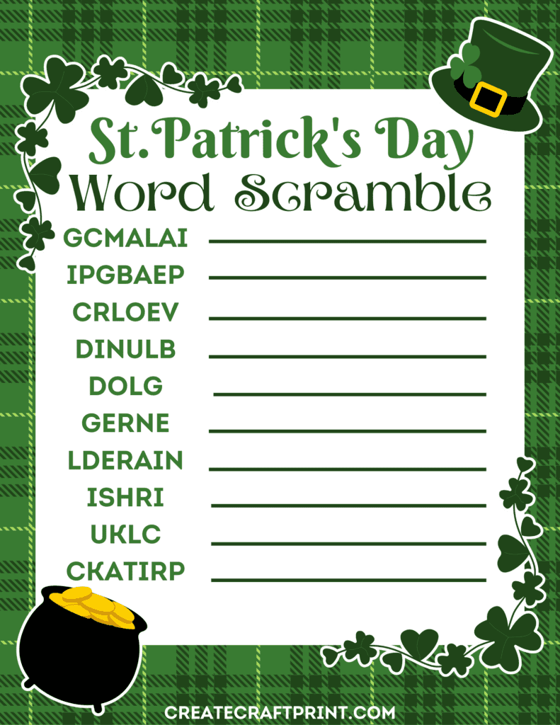  printable St. Patrick's Day word scramble activity sheet with a green plaid background, featuring scrambled words related to St. Patrick's Day and blank spaces for answers.