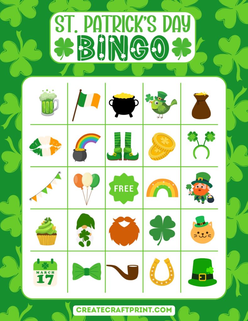 st. patrick's day bingo card game with shamrock background.