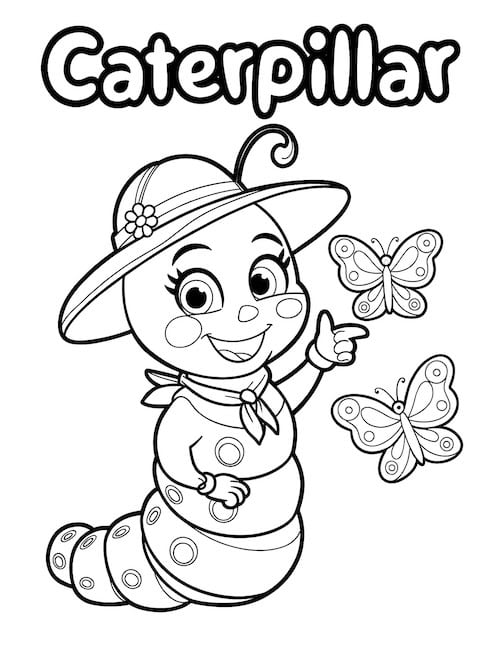 coloring page of a caterpillar points to two tiny butterflies.