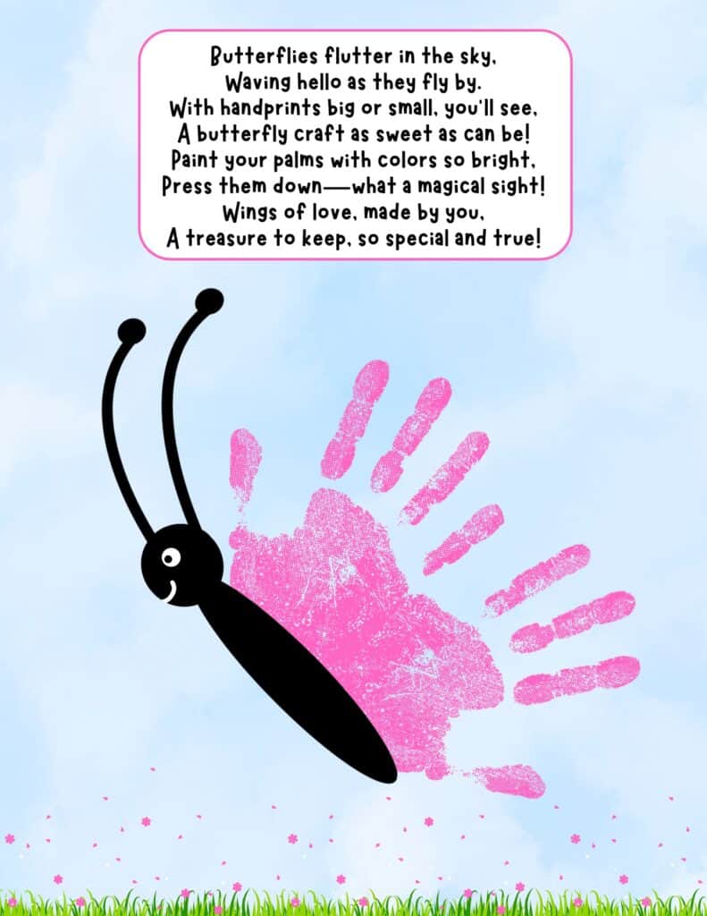 Free printable butterfly handprint craft template with pink handprint wings and a butterfly poem for kids.