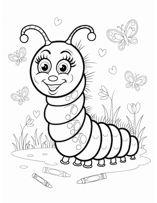 Caterpillar with butterflies coloring page.