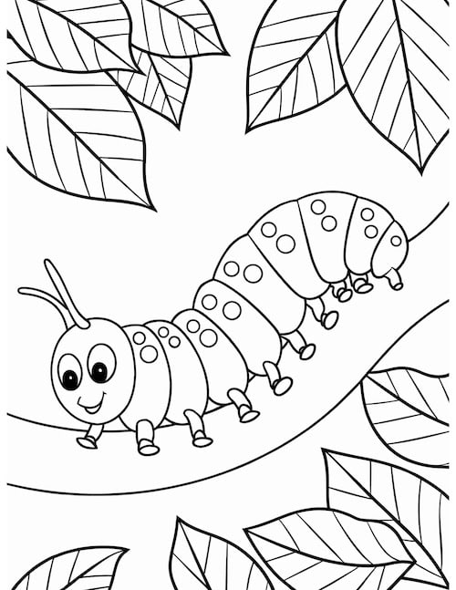 coloring page of a caterpillar climbing a branch.